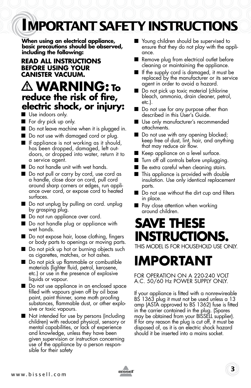Warning, Save these instructions, Important | Mportant safety instructions | Bissell 12R7E User Manual | Page 3 / 12