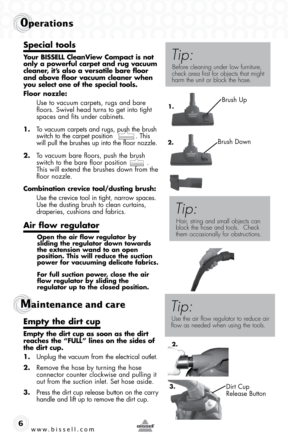 Perations, Aintenance and care | Bissell 12R7E User Manual | Page 6 / 12