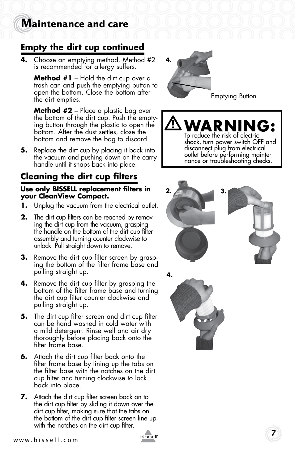 Warning, Aintenance and care, Empty the dirt cup continued | Cleaning the dirt cup filters | Bissell 12R7E User Manual | Page 7 / 12