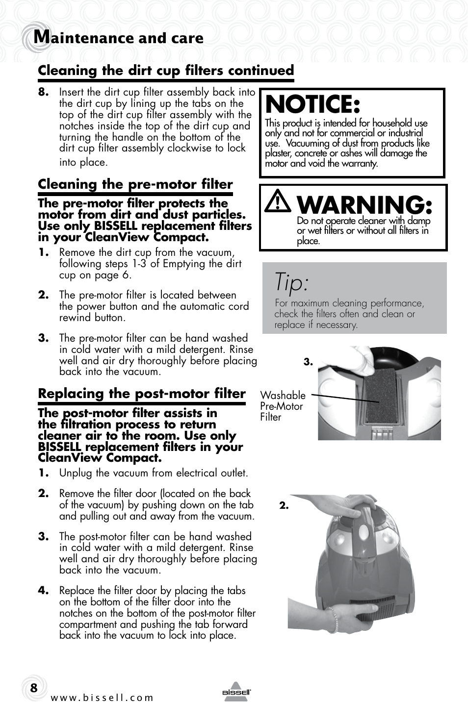 Notice, Warning, Aintenance and care | Bissell 12R7E User Manual | Page 8 / 12