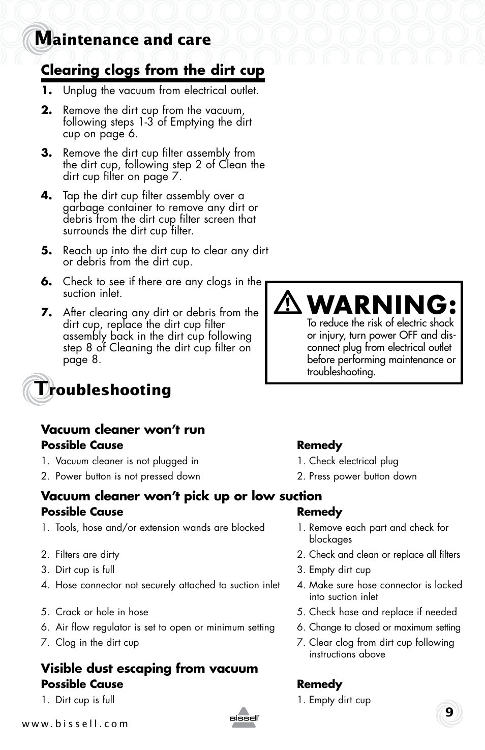 Warning, Aintenance and care, Roubleshooting | Clearing clogs from the dirt cup | Bissell 12R7E User Manual | Page 9 / 12