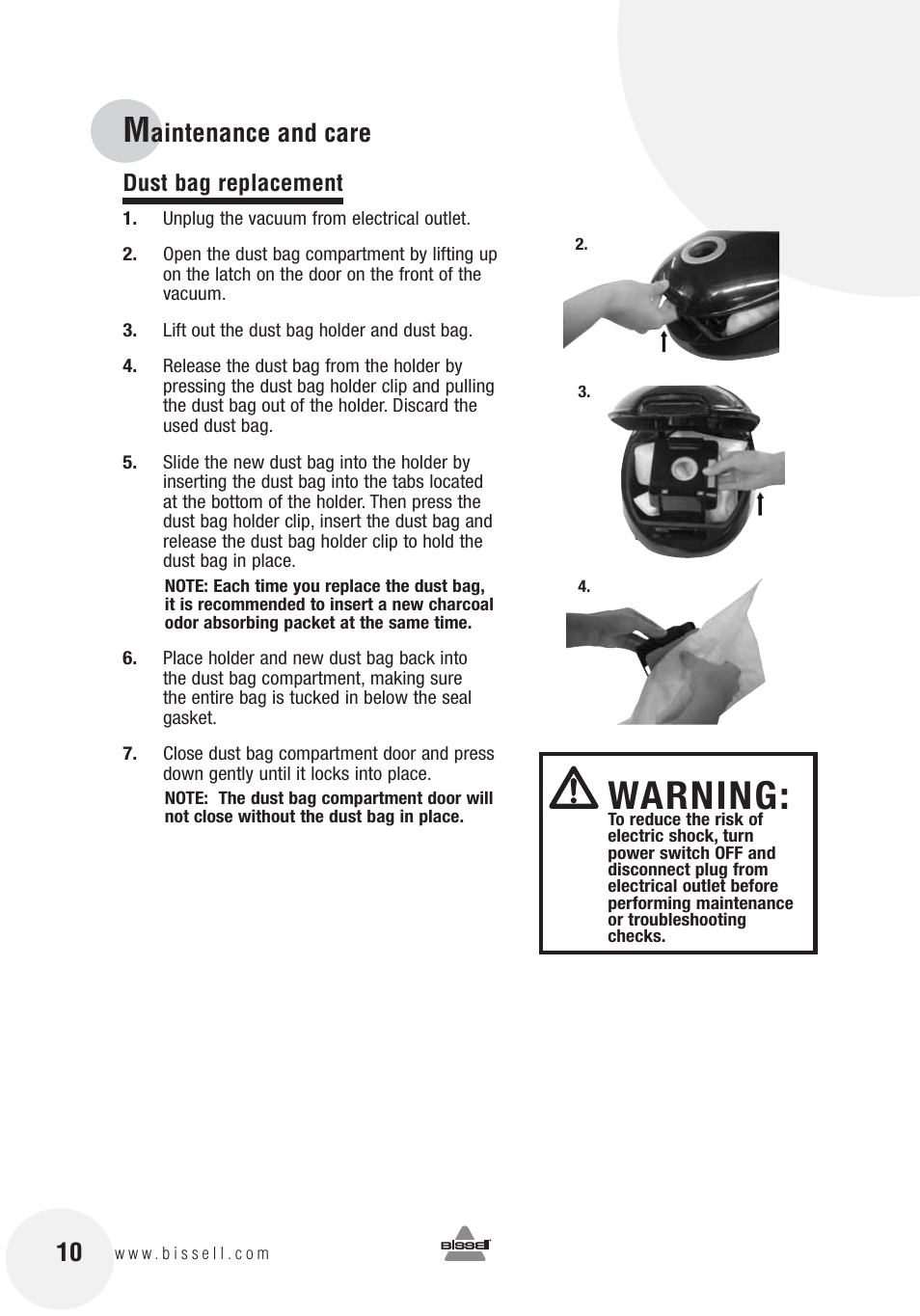 Warning, Aintenance and care | Bissell 12R8E User Manual | Page 10 / 16