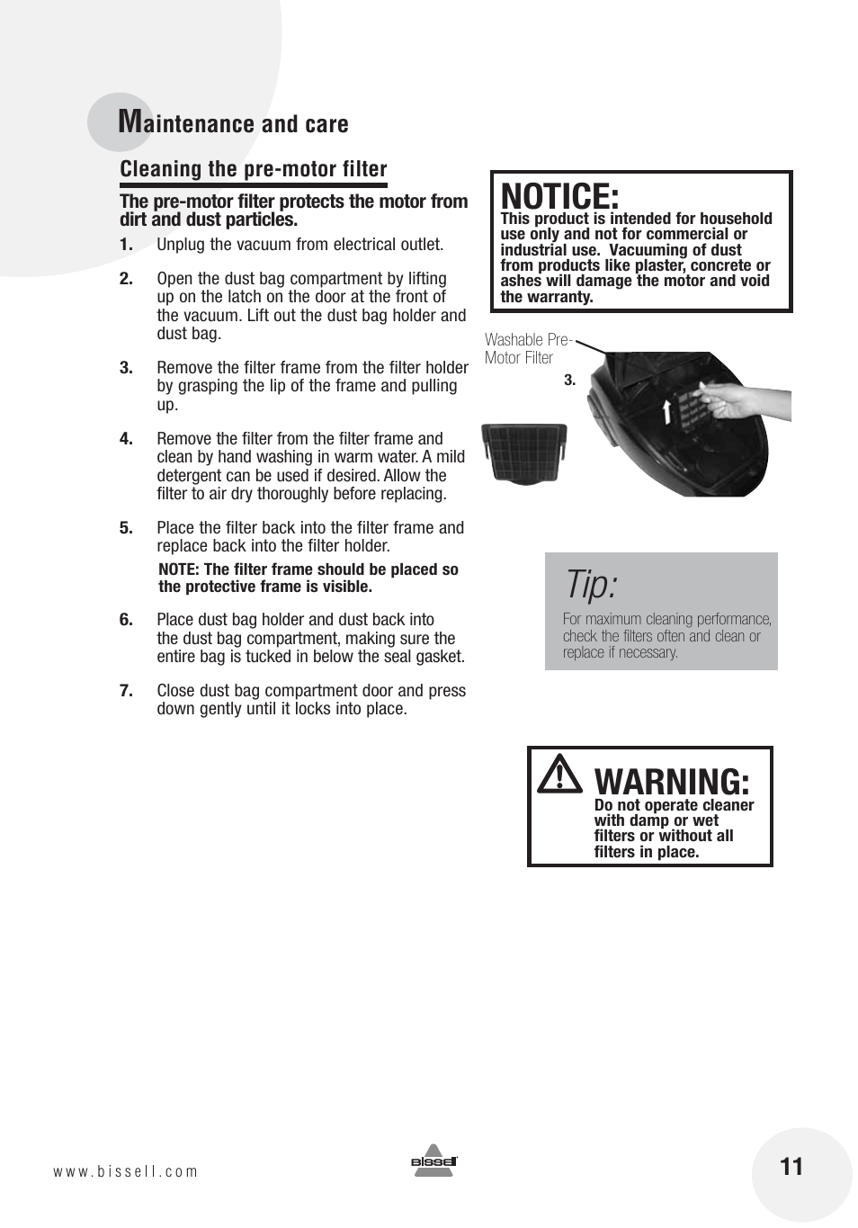 Notice, Warning, Aintenance and care | Bissell 12R8E User Manual | Page 11 / 16