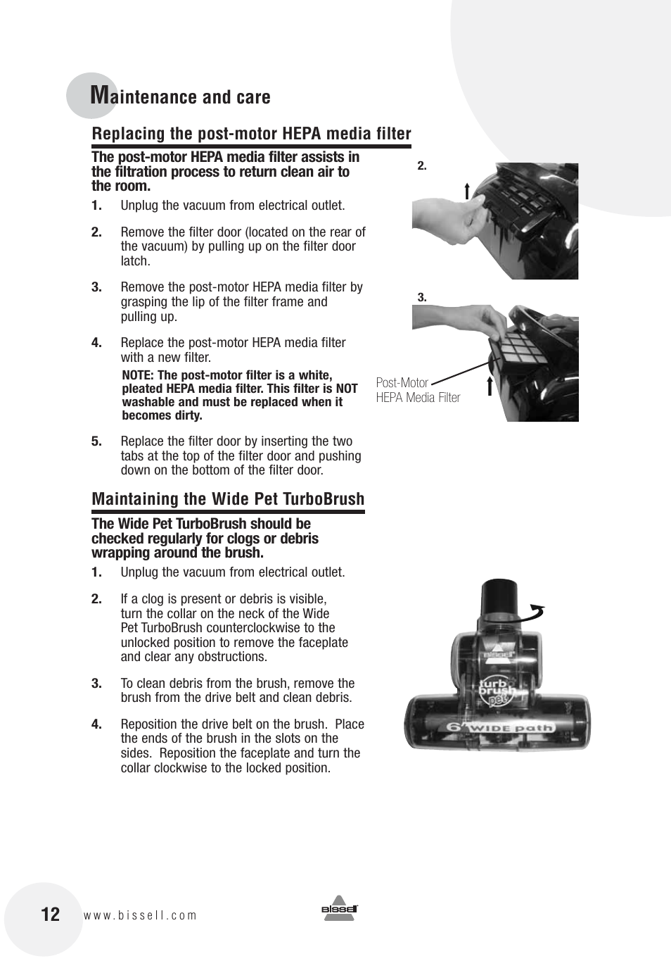 Aintenance and care | Bissell 12R8E User Manual | Page 12 / 16