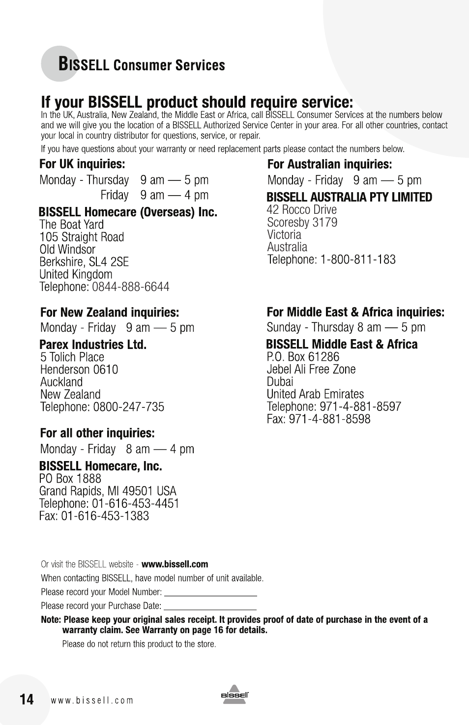 Bissell 12R8E User Manual | Page 14 / 16