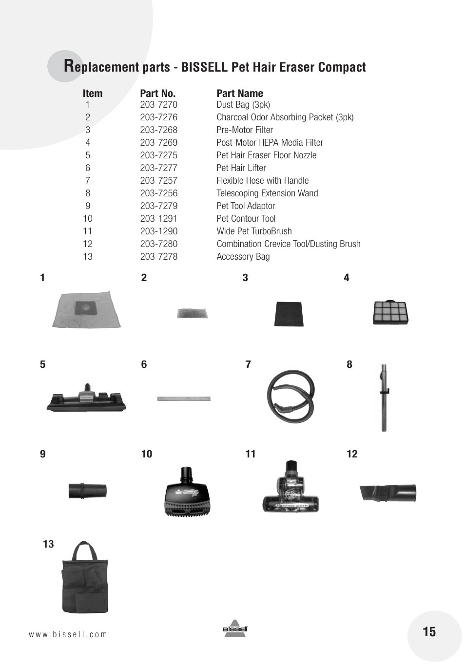 Eplacement parts - bissell pet hair eraser compact | Bissell 12R8E User Manual | Page 15 / 16