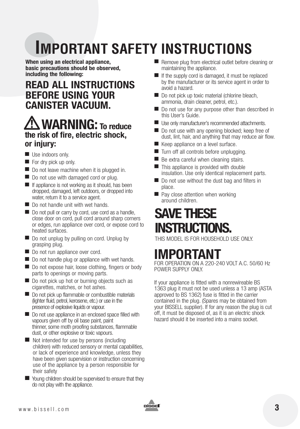 Mportant safety instructions, Warning, Save these instructions | Important | Bissell 12R8E User Manual | Page 3 / 16