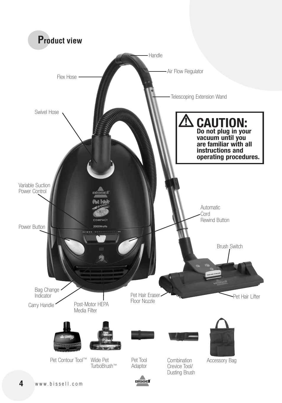 Caution, Roduct view | Bissell 12R8E User Manual | Page 4 / 16