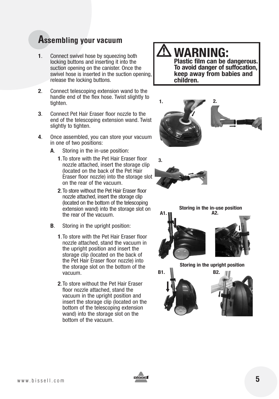Warning, Ssembling your vacuum | Bissell 12R8E User Manual | Page 5 / 16
