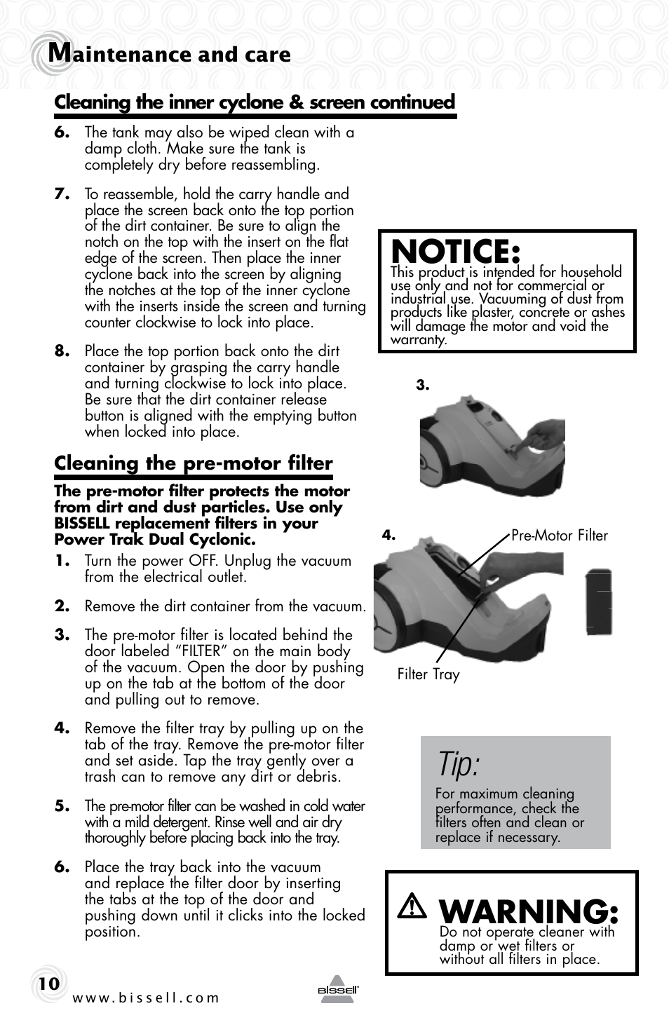 Notice, Warning, Aintenance and care | Bissell 30Z8e User Manual | Page 10 / 16