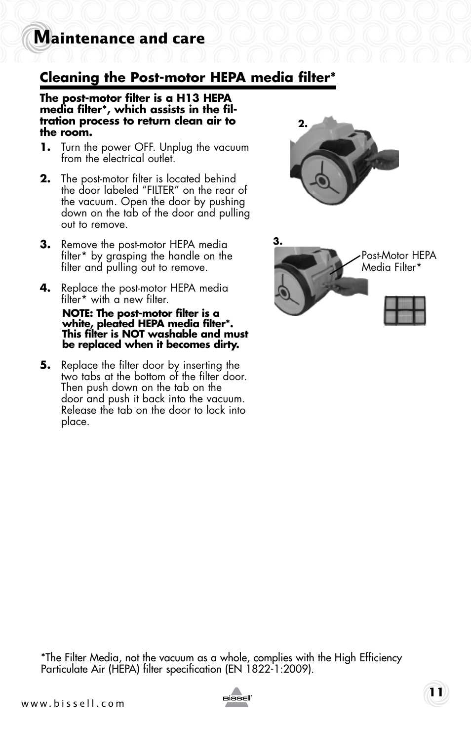 Aintenance and care, Cleaning the post-motor hepa media filter | Bissell 30Z8e User Manual | Page 11 / 16