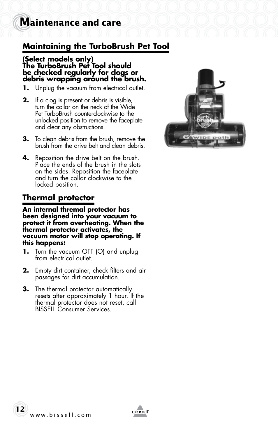 Aintenance and care, Thermal protector, Maintaining the turbobrush pet tool | Bissell 30Z8e User Manual | Page 12 / 16