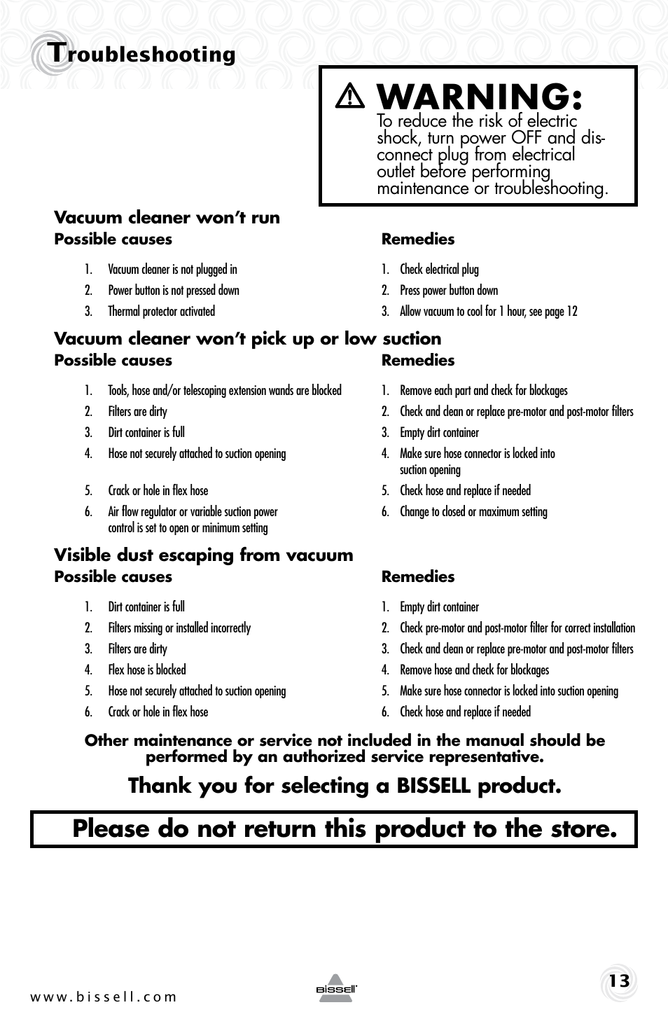 Warning, Please do not return this product to the store, Roubleshooting | Bissell 30Z8e User Manual | Page 13 / 16