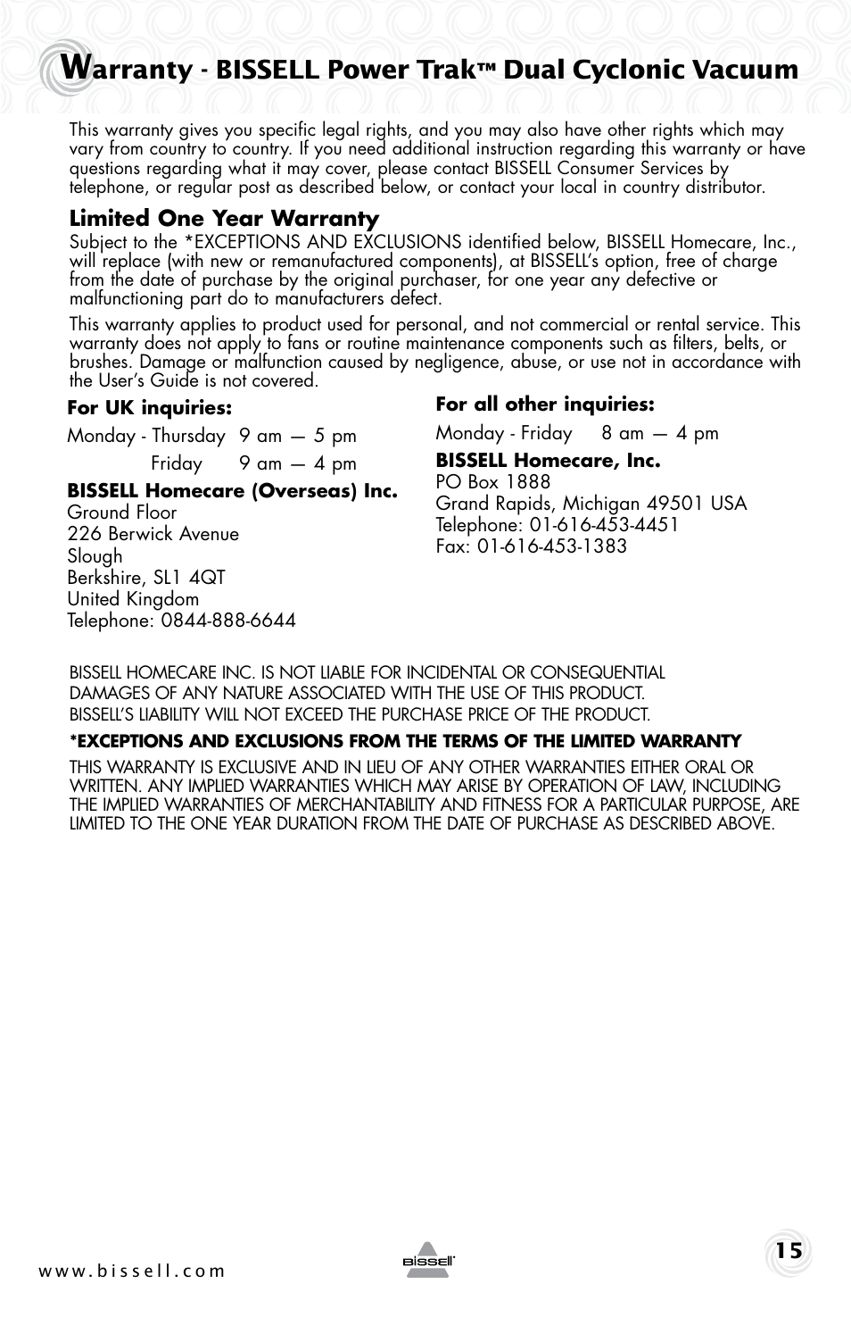 Arranty - bissell power trak, Dual cyclonic vacuum | Bissell 30Z8e User Manual | Page 15 / 16