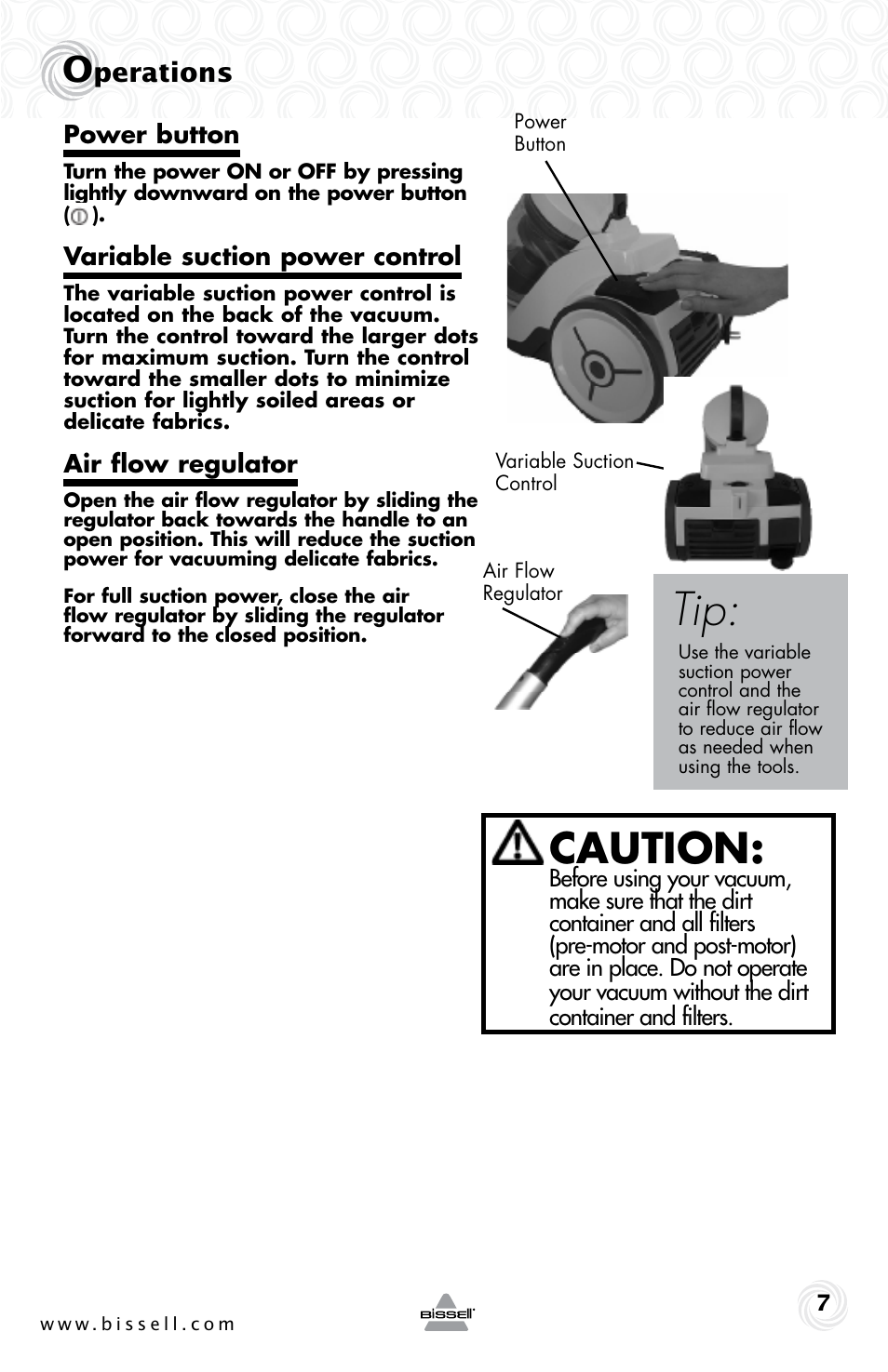 Caution, Perations | Bissell 30Z8e User Manual | Page 7 / 16