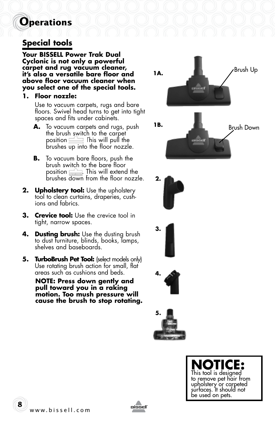 Notice, Perations, Special tools | Bissell 30Z8e User Manual | Page 8 / 16