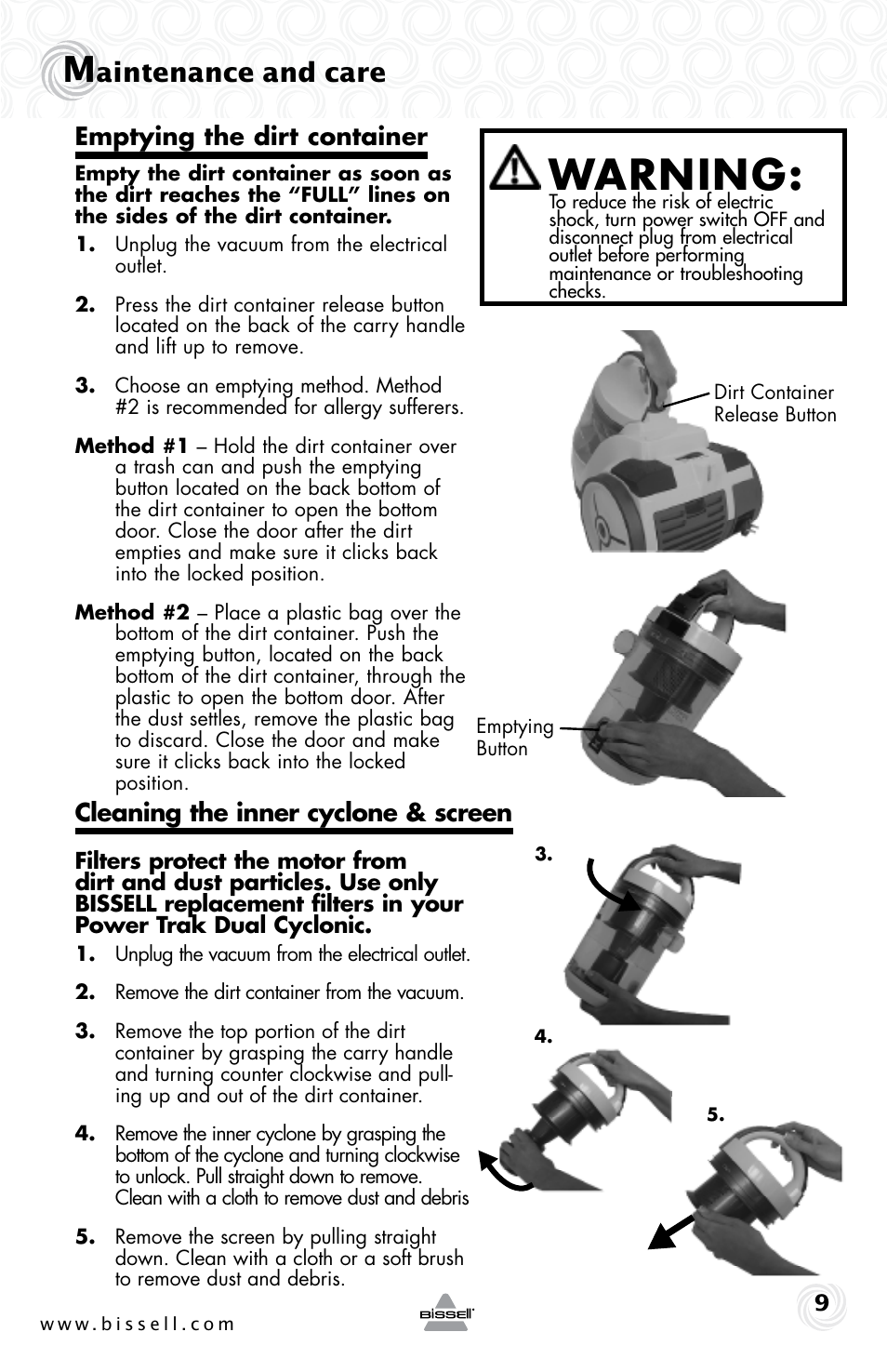Warning, Aintenance and care, Emptying the dirt container | Cleaning the inner cyclone & screen | Bissell 30Z8e User Manual | Page 9 / 16