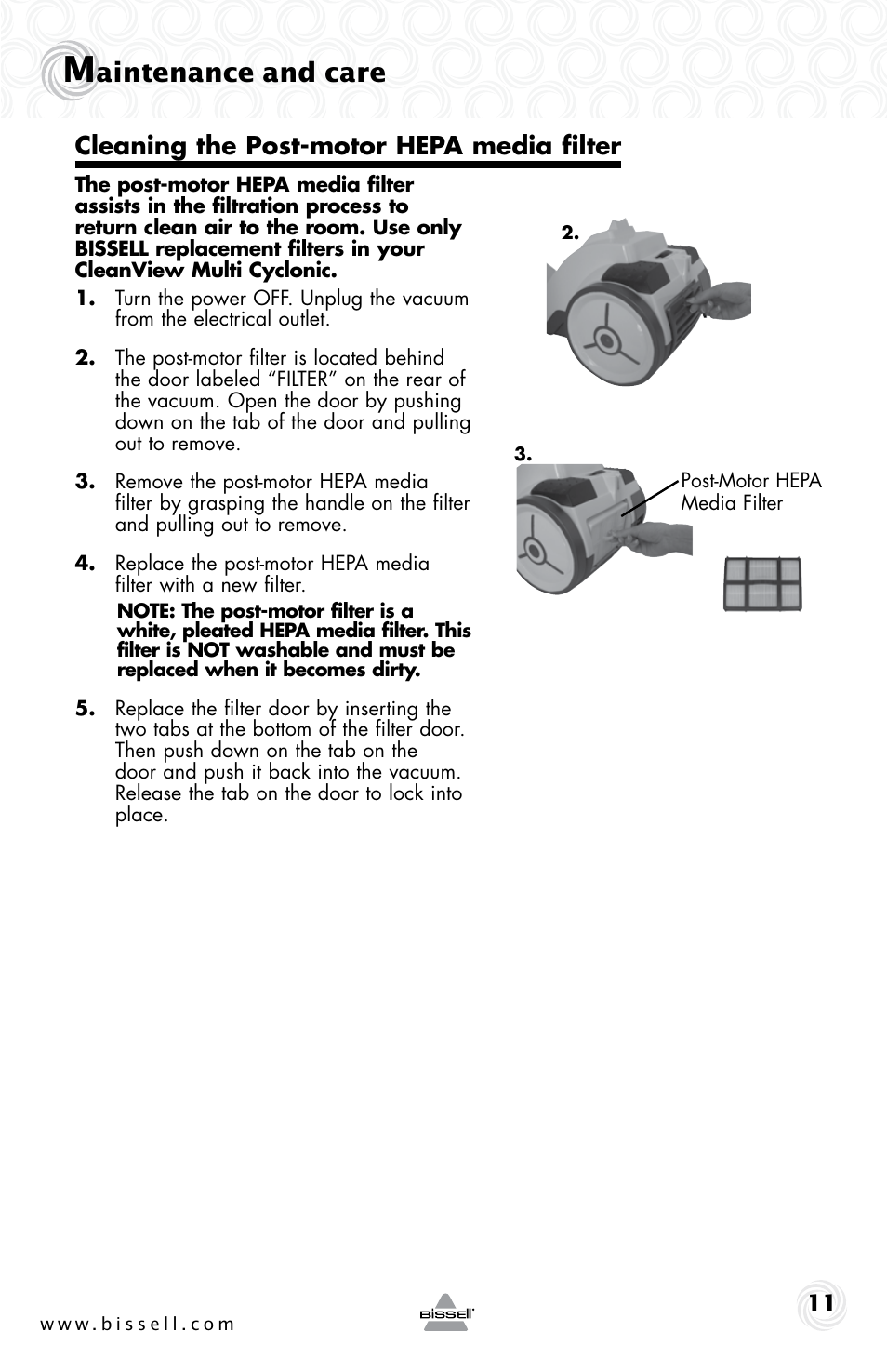 Aintenance and care, Cleaning the post-motor hepa media filter | Bissell 26Y1 User Manual | Page 11 / 16