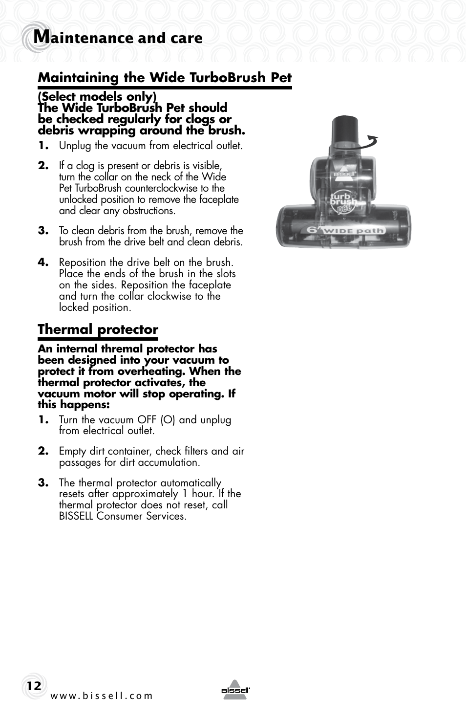 Aintenance and care, Thermal protector, Maintaining the wide turbobrush pet | Bissell 26Y1 User Manual | Page 12 / 16
