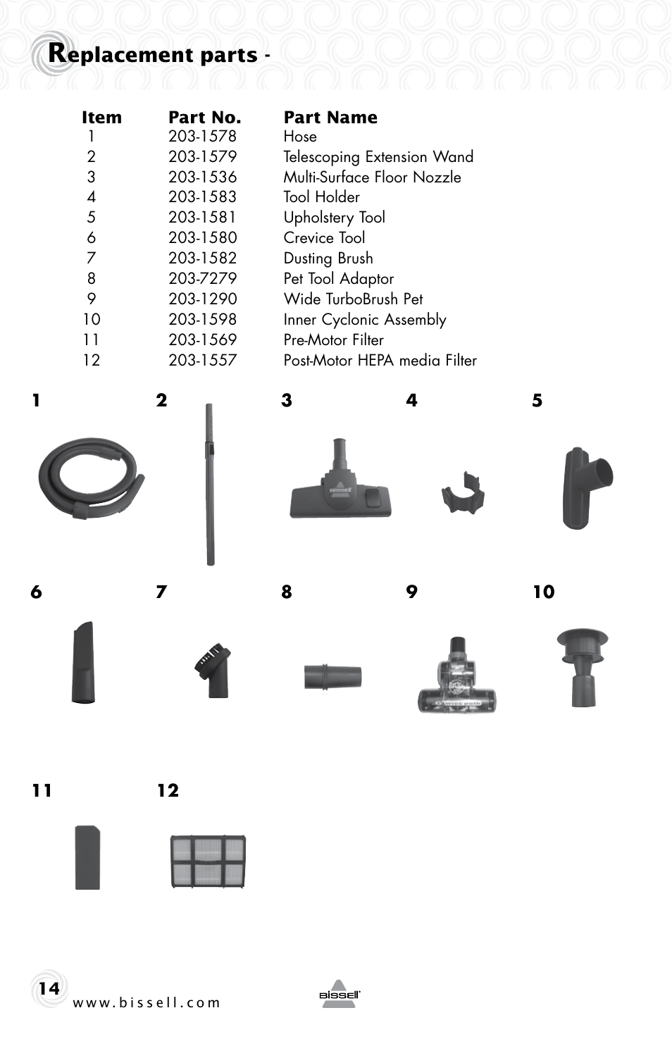 Eplacement parts | Bissell 26Y1 User Manual | Page 14 / 16