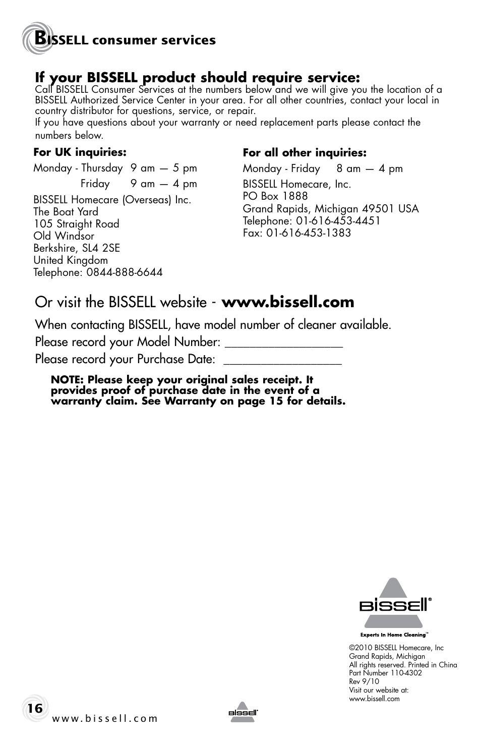 If your bissell product should require service, Issell consumer services | Bissell 26Y1 User Manual | Page 16 / 16