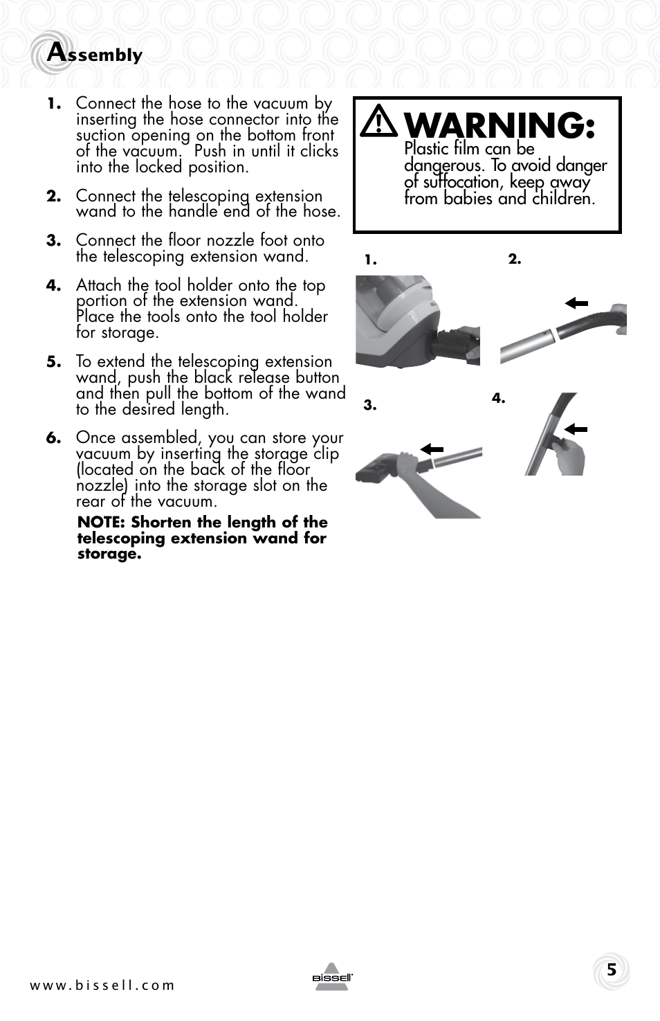 Warning | Bissell 26Y1 User Manual | Page 5 / 16