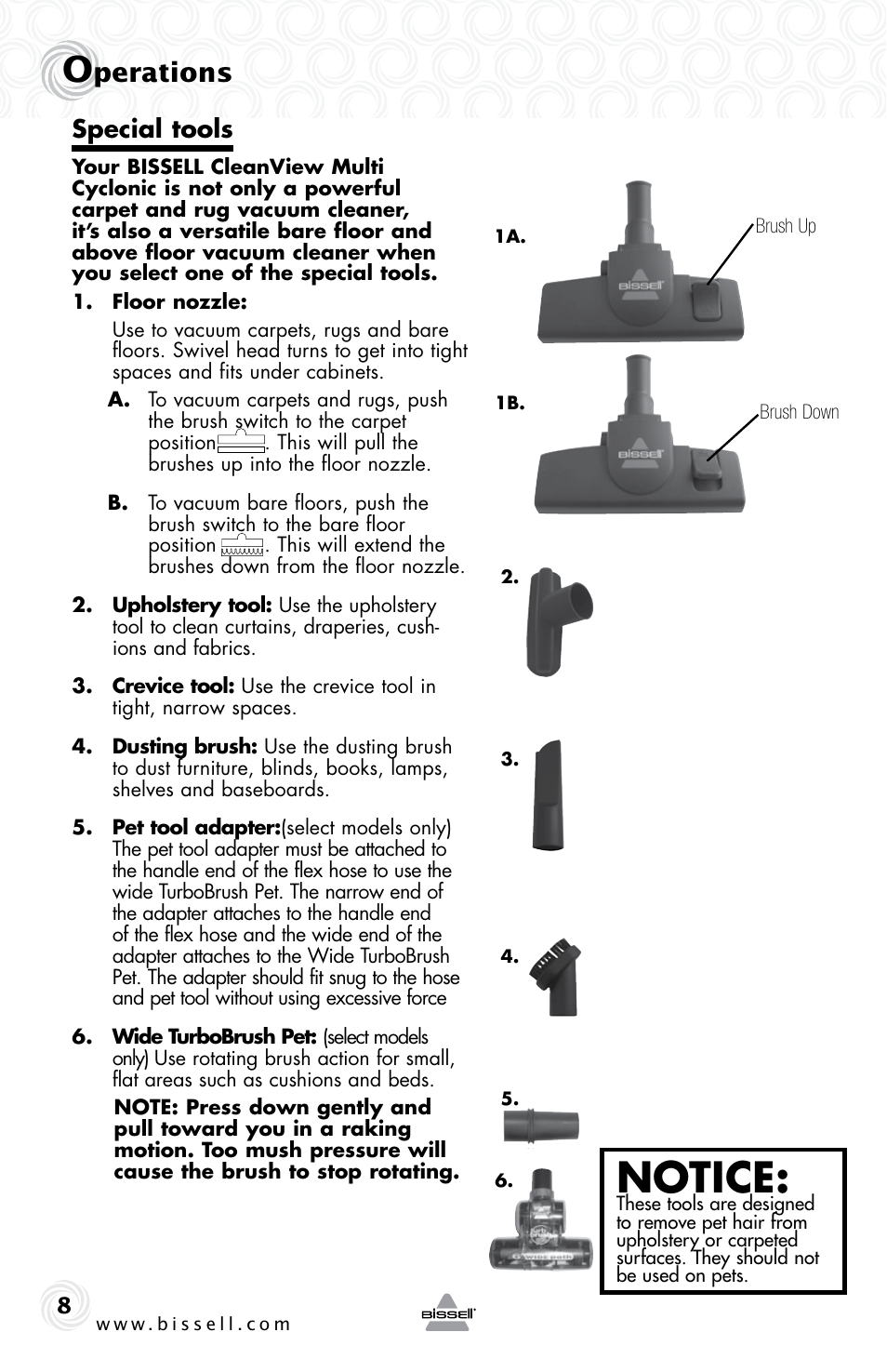 Notice, Perations, Special tools | Bissell 26Y1 User Manual | Page 8 / 16