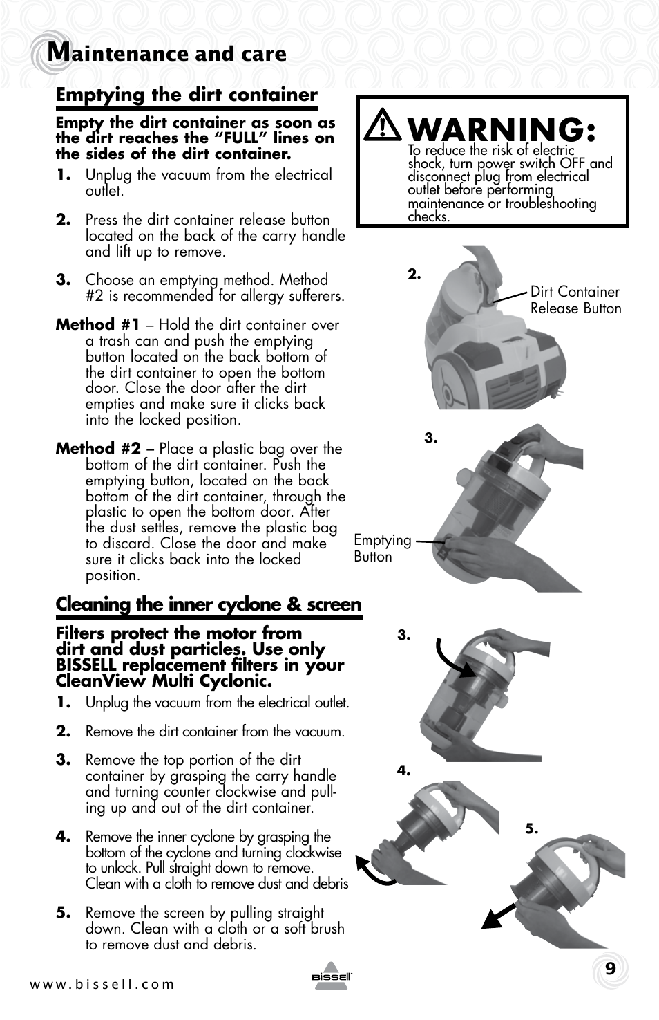 Warning, Aintenance and care, Emptying the dirt container | Cleaning the inner cyclone & screen | Bissell 26Y1 User Manual | Page 9 / 16