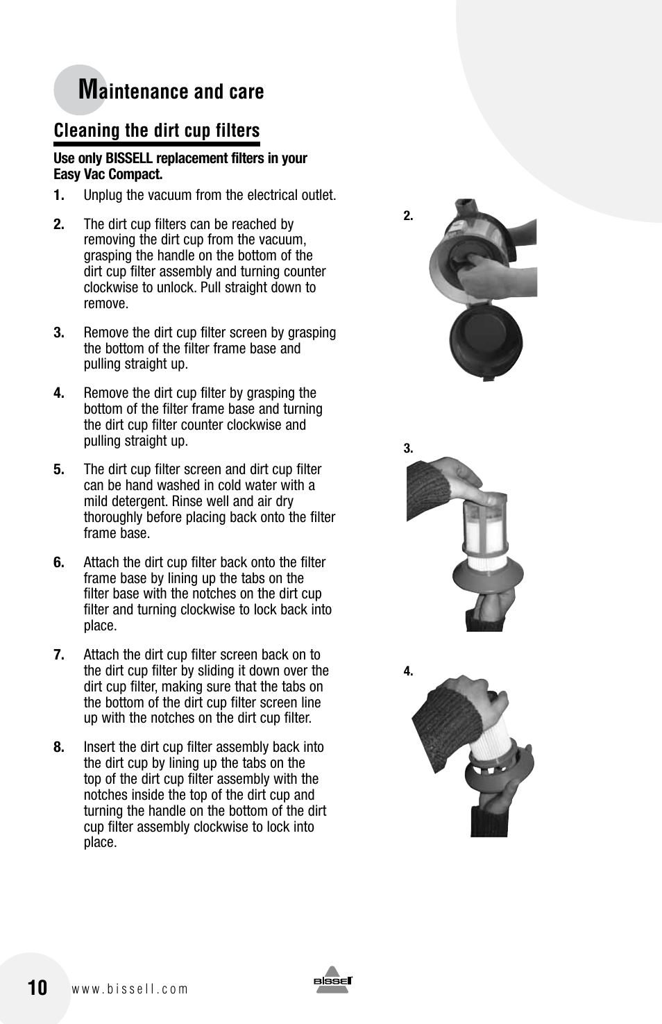 Aintenance and care, Cleaning the dirt cup filters | Bissell 40N8 User Manual | Page 10 / 16