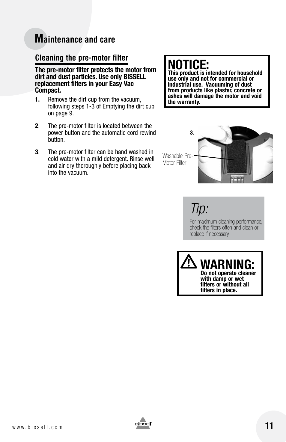 Notice, Warning | Bissell 40N8 User Manual | Page 11 / 16