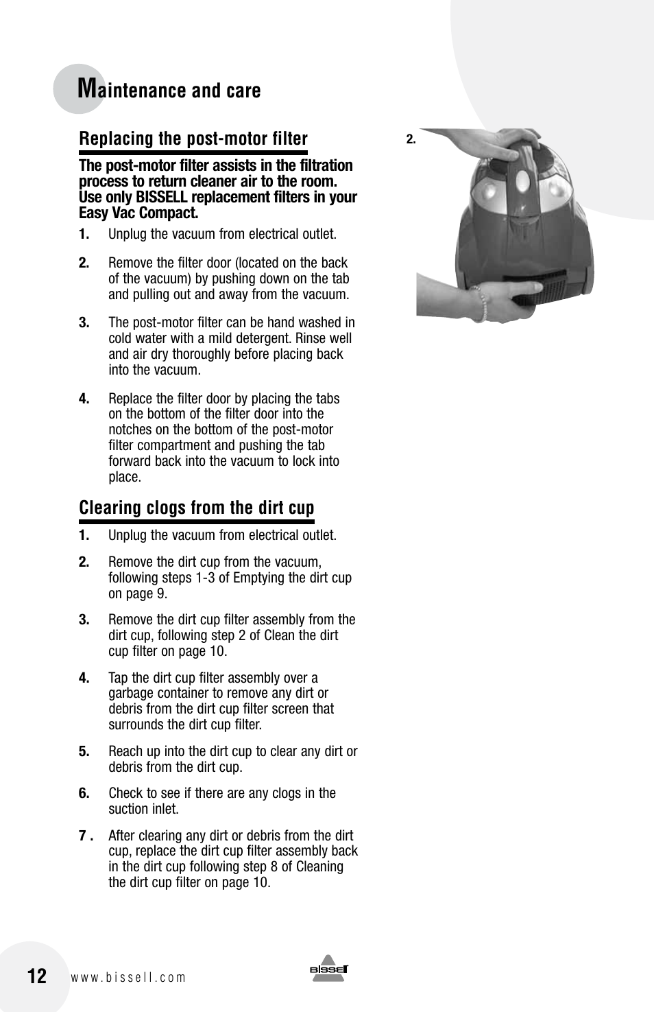 Aintenance and care, Replacing the post-motor filter, Clearing clogs from the dirt cup | Bissell 40N8 User Manual | Page 12 / 16