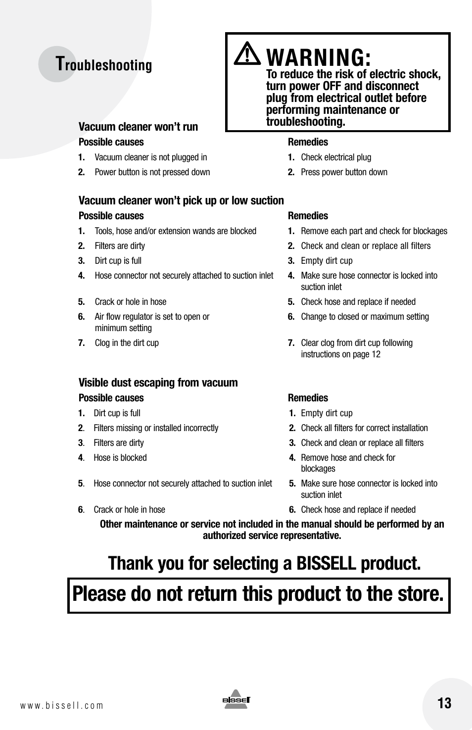 Warning, Please do not return this product to the store, Roubleshooting | Bissell 40N8 User Manual | Page 13 / 16