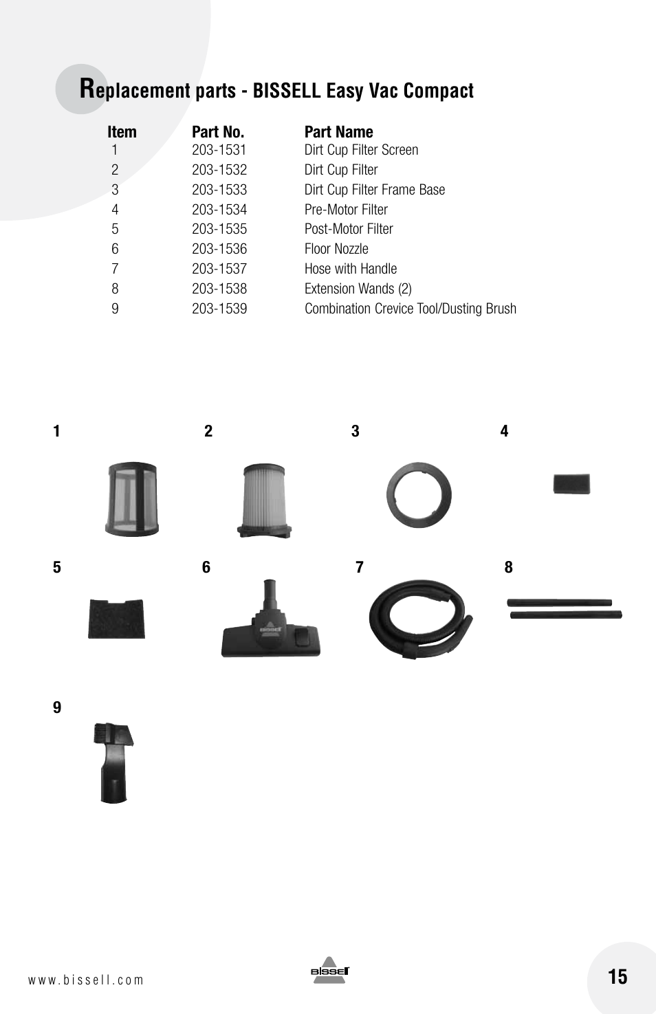 Eplacement parts - bissell easy vac compact | Bissell 40N8 User Manual | Page 15 / 16