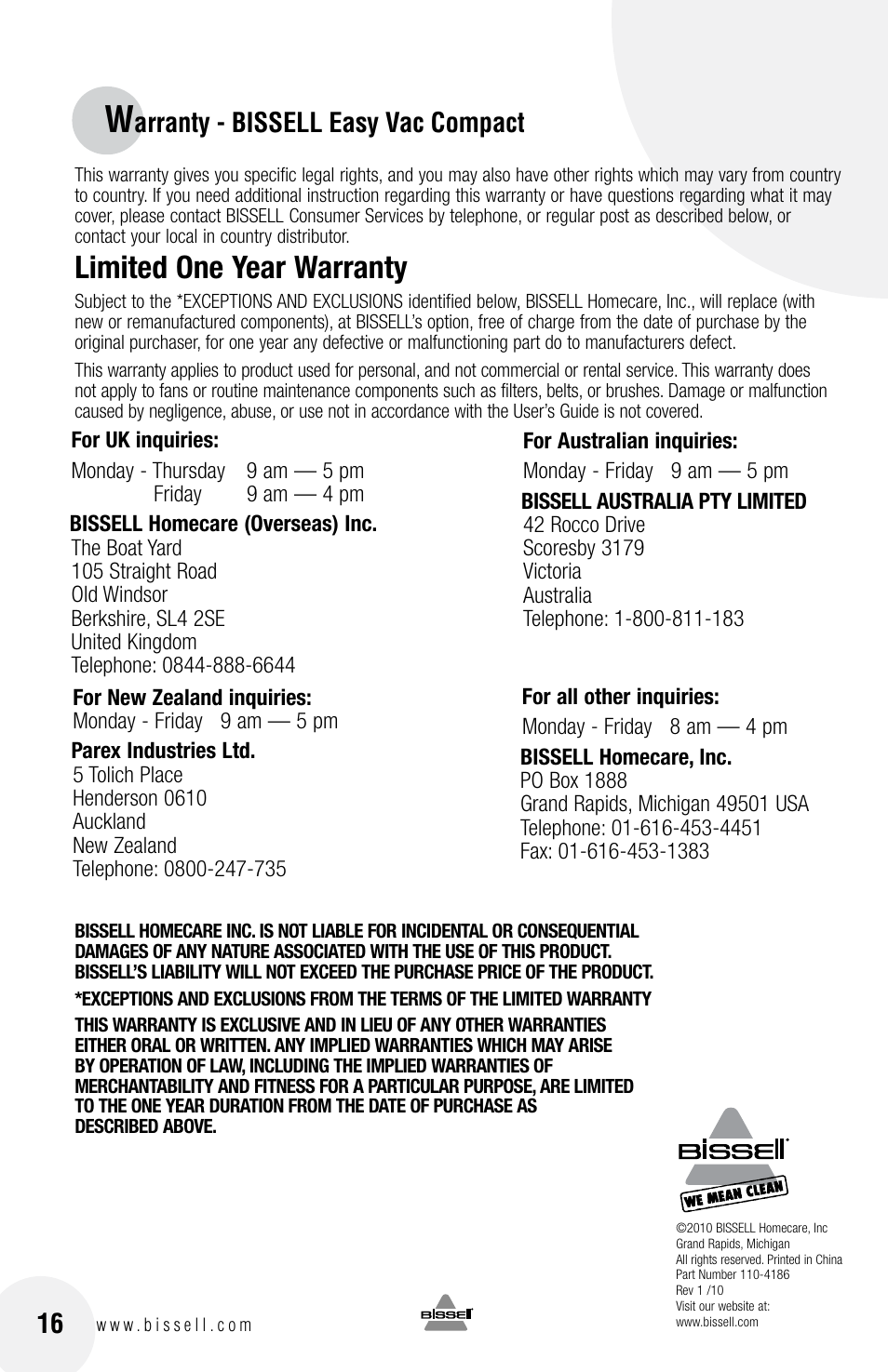 Limited one year warranty, Arranty - bissell easy vac compact | Bissell 40N8 User Manual | Page 16 / 16