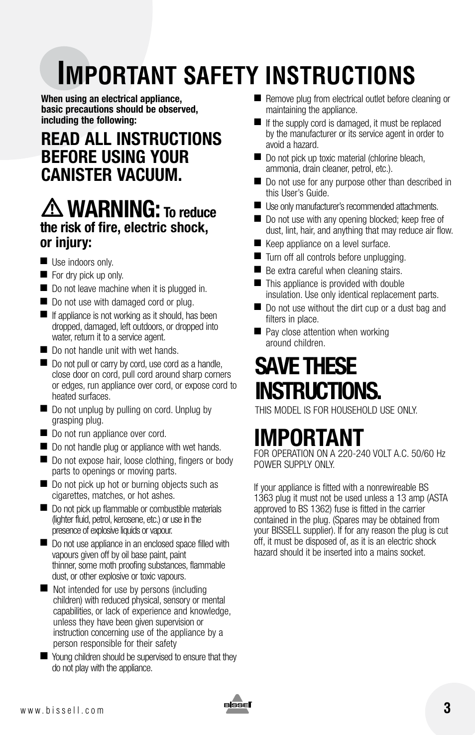 Mportant safety instructions, Warning, Save these instructions | Important | Bissell 40N8 User Manual | Page 3 / 16