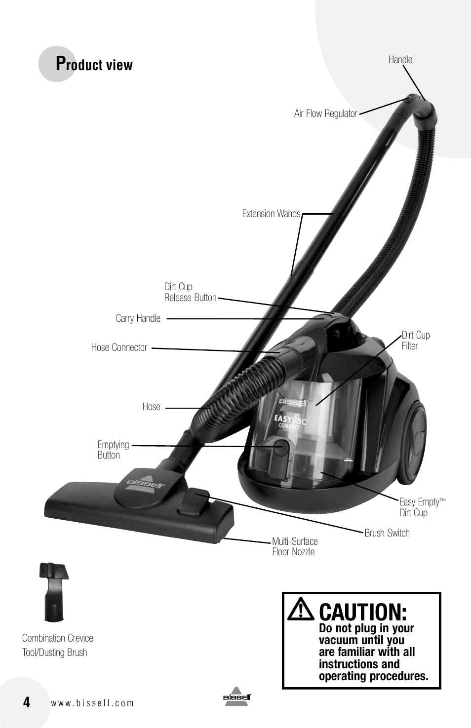 Caution, Roduct view | Bissell 40N8 User Manual | Page 4 / 16