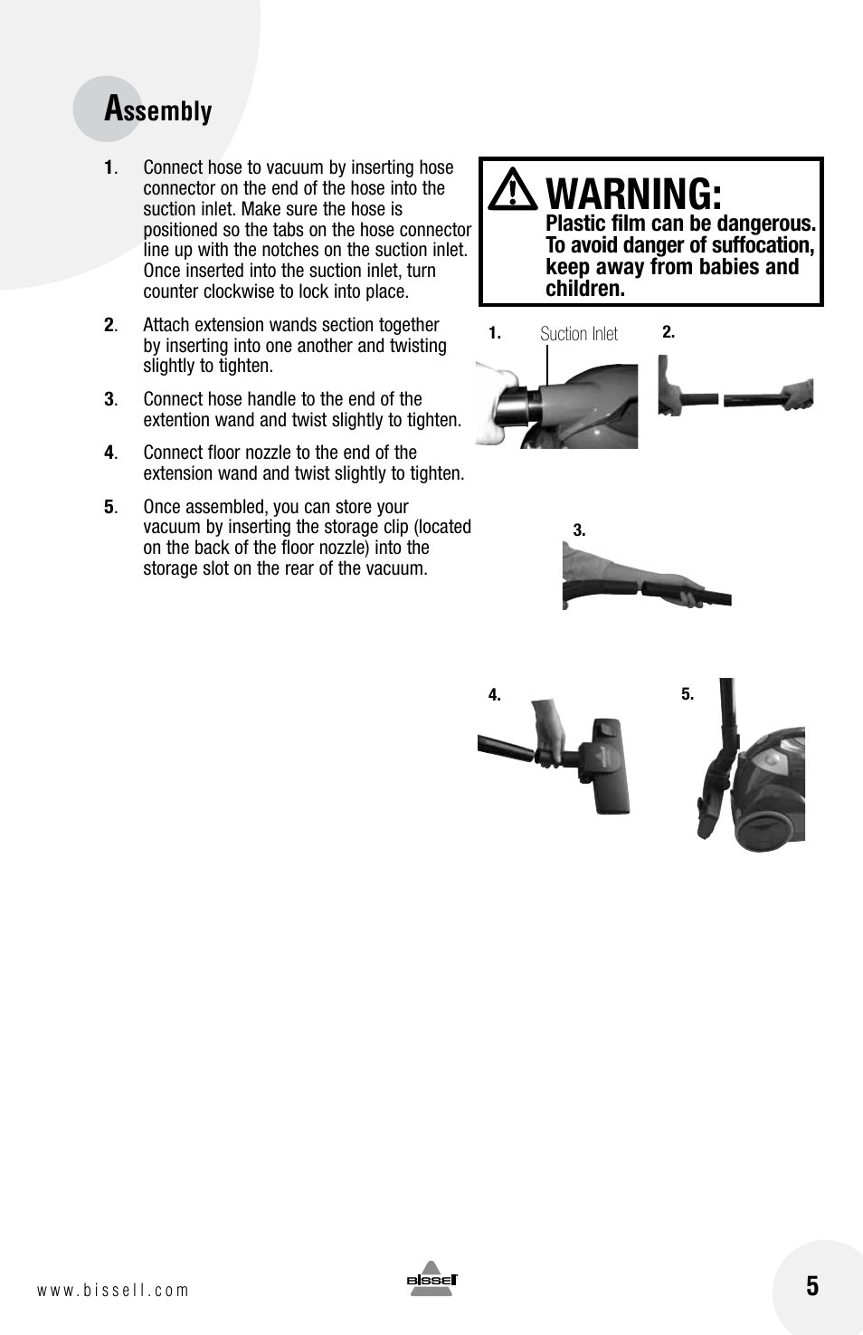 Warning, Ssembly | Bissell 40N8 User Manual | Page 5 / 16