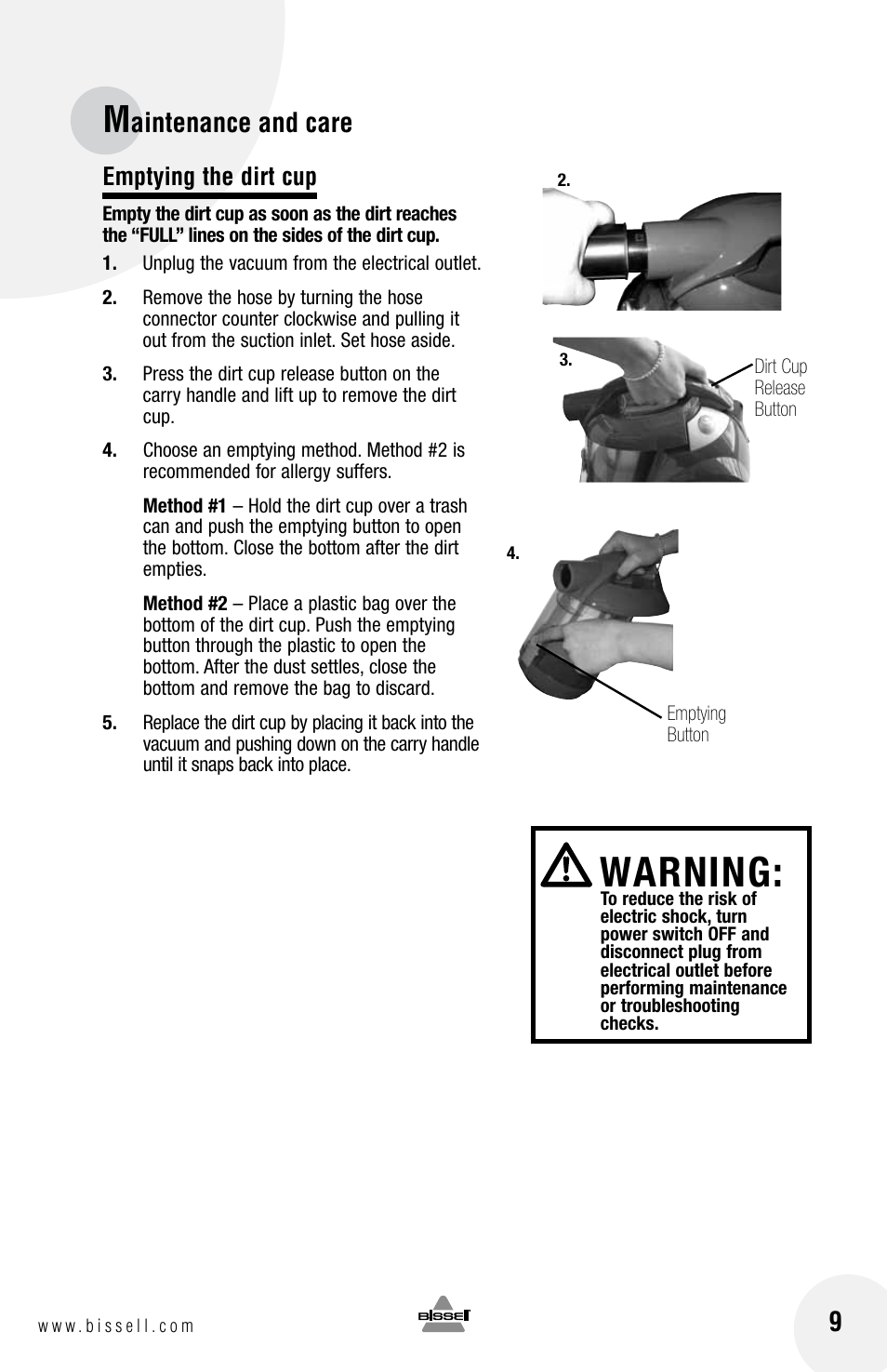 Warning, Aintenance and care, Emptying the dirt cup | Bissell 40N8 User Manual | Page 9 / 16