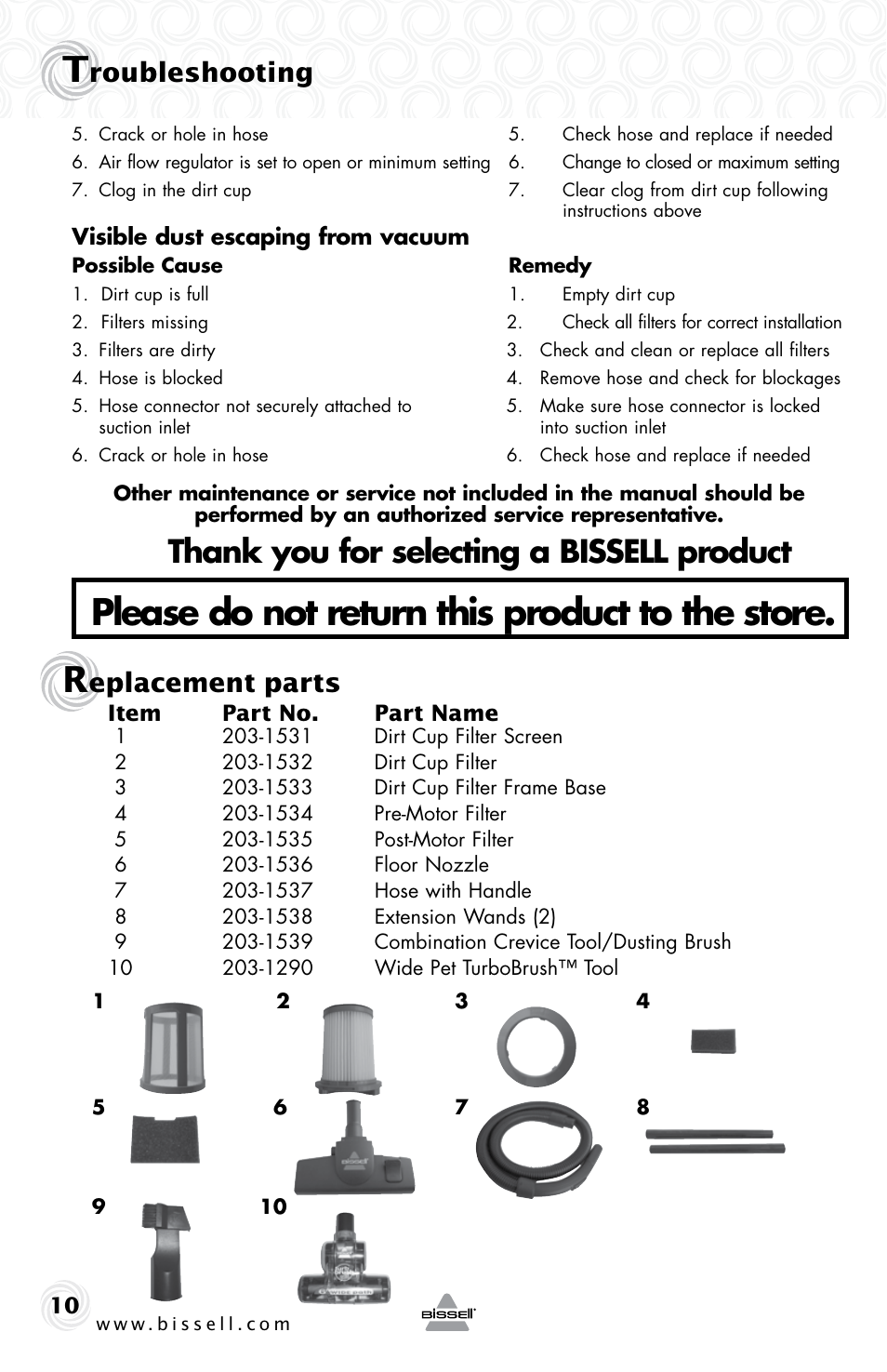 Please do not return this product to the store, Eplacement parts, Roubleshooting | Bissell 36T1E User Manual | Page 10 / 12