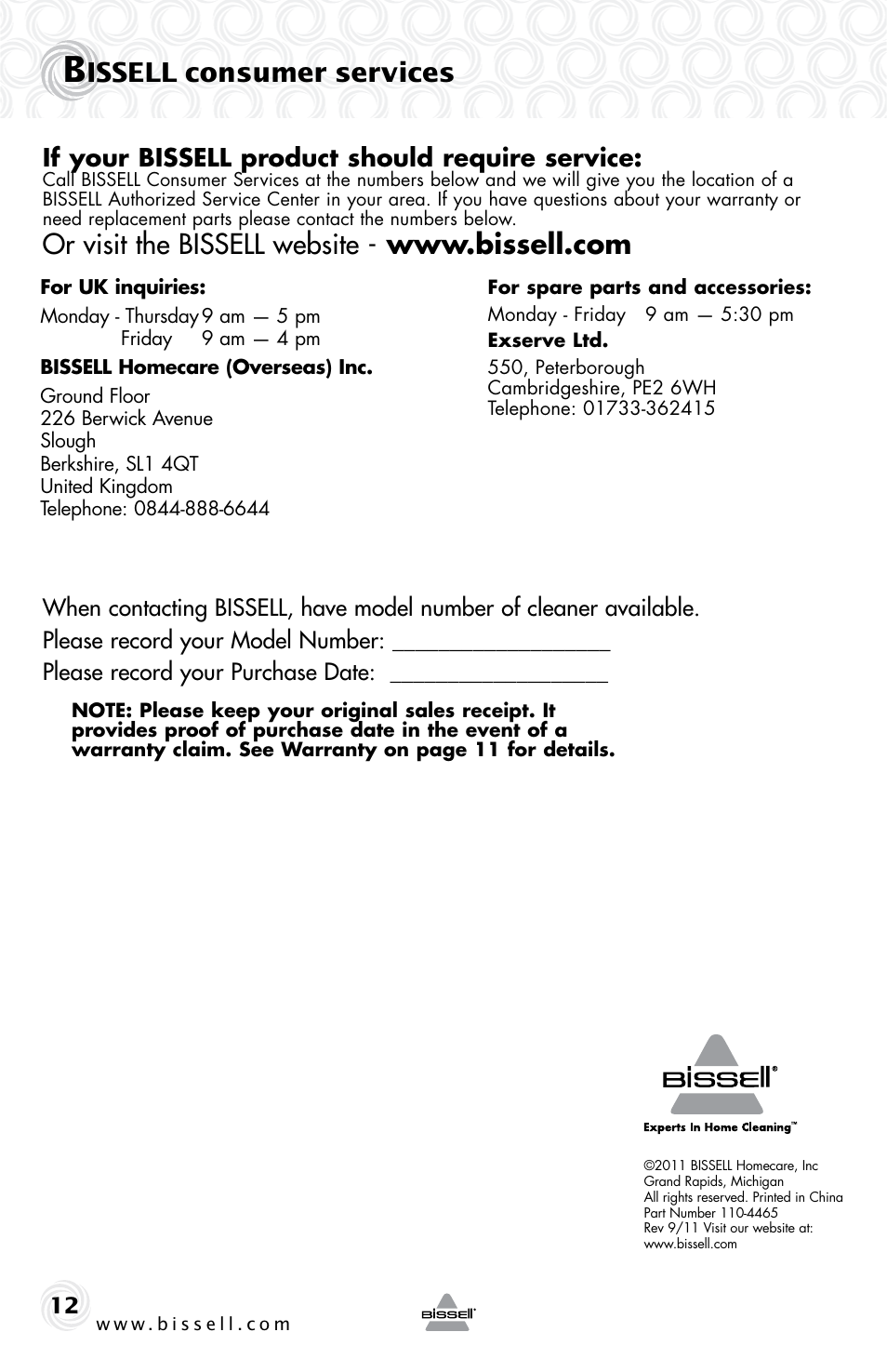 Issell consumer services, If your bissell product should require service | Bissell 36T1E User Manual | Page 12 / 12