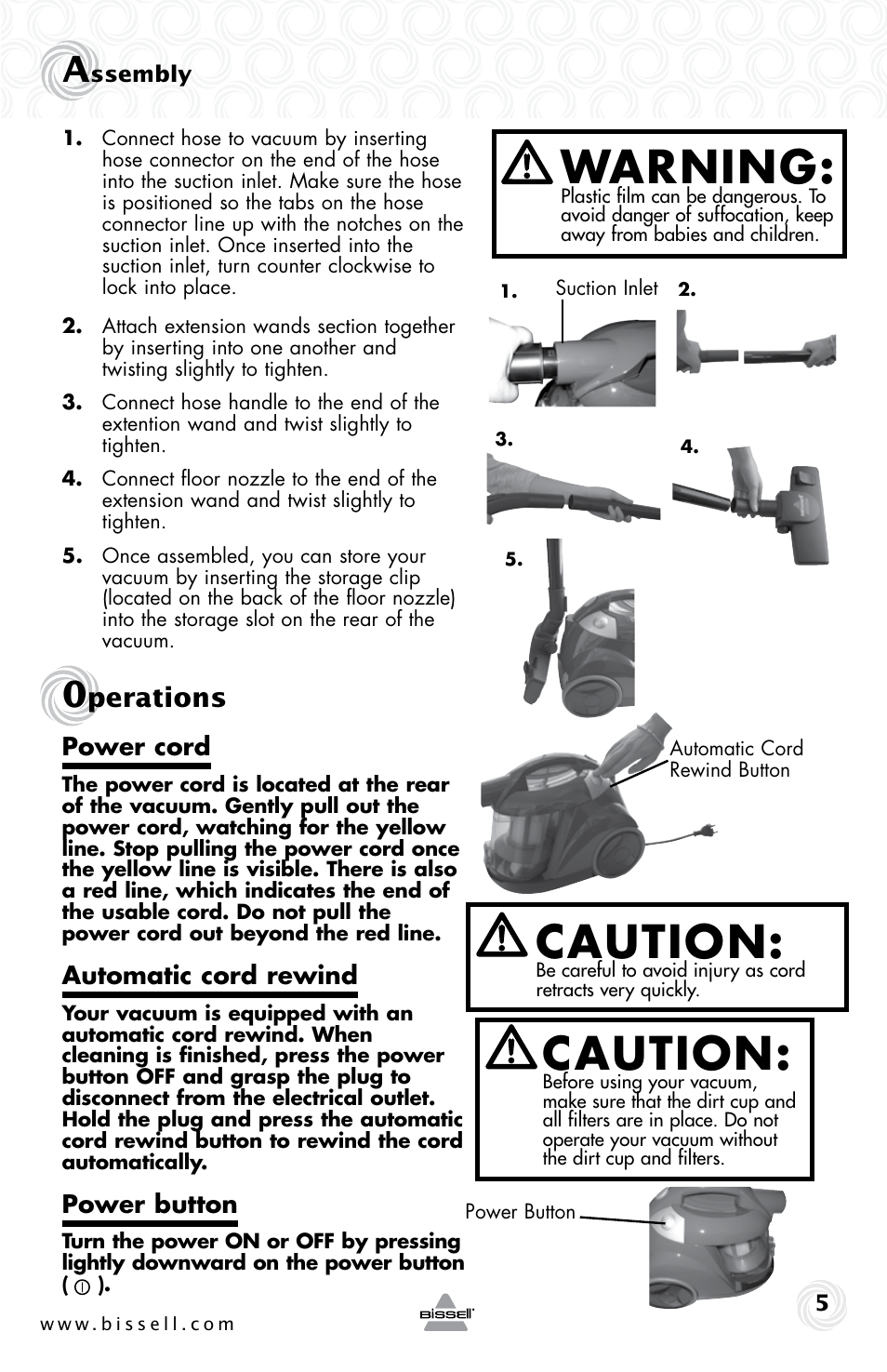 Warning, Caution, Perations | Bissell 36T1E User Manual | Page 5 / 12