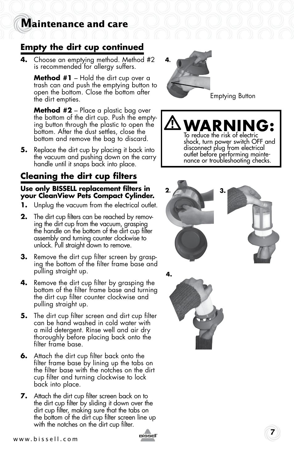 Warning, Aintenance and care, Empty the dirt cup continued | Cleaning the dirt cup filters | Bissell 36T1E User Manual | Page 7 / 12