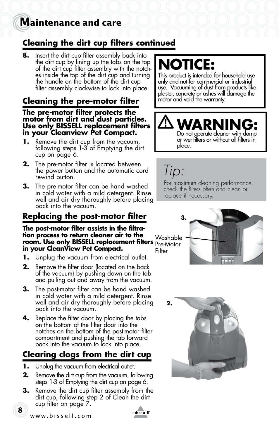 Notice, Warning, Aintenance and care | Bissell 36T1E User Manual | Page 8 / 12