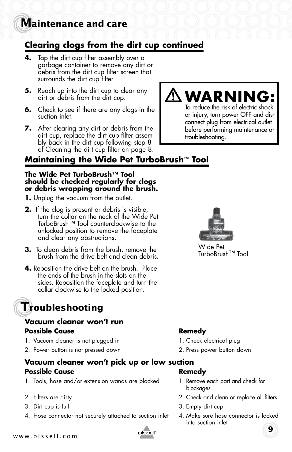 Warning, Aintenance and care, Roubleshooting | Maintaining the wide pet turbobrush, Tool clearing clogs from the dirt cup continued | Bissell 36T1E User Manual | Page 9 / 12