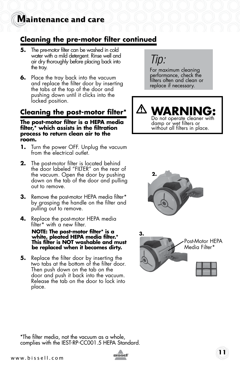 Warning, Aintenance and care | Bissell 42H5 User Manual | Page 11 / 16