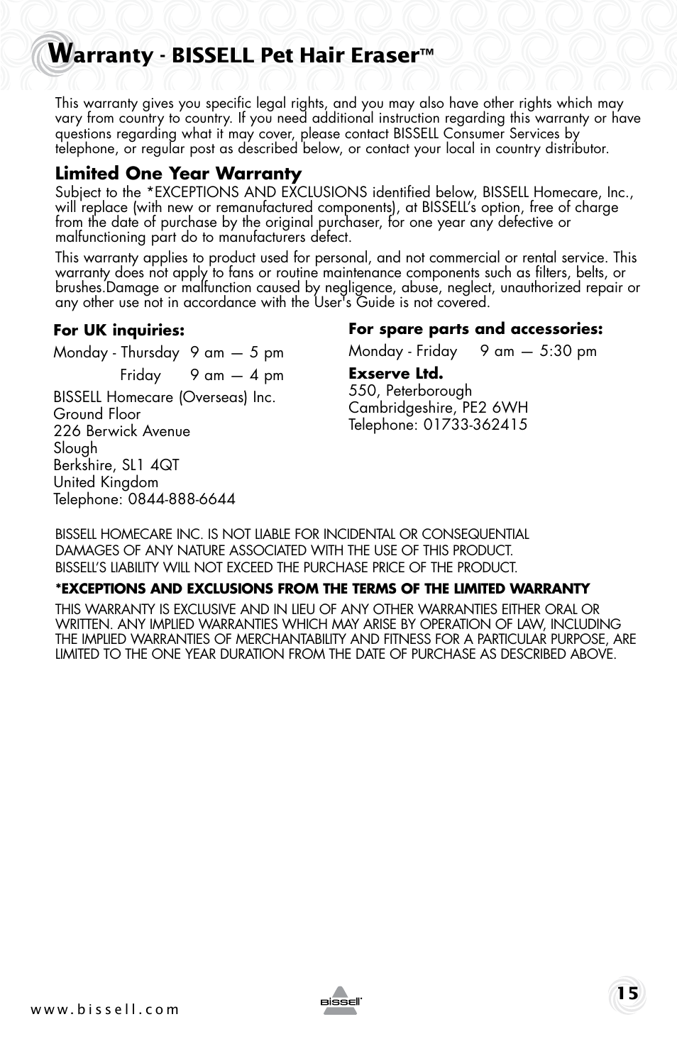 Arranty - bissell pet hair eraser | Bissell 42H5 User Manual | Page 15 / 16