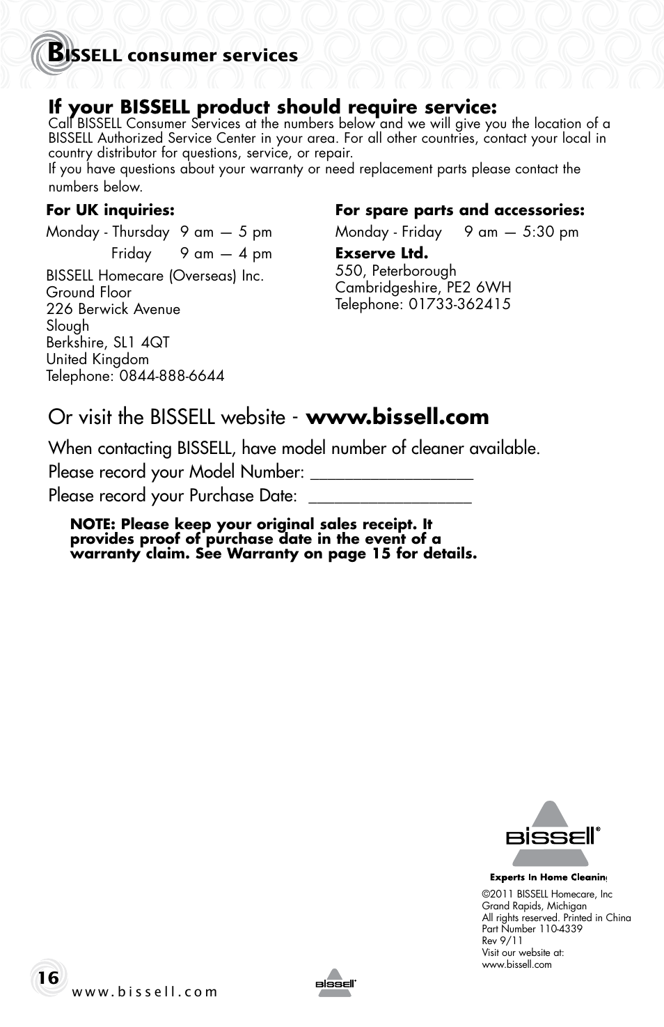 If your bissell product should require service, Issell consumer services | Bissell 42H5 User Manual | Page 16 / 16