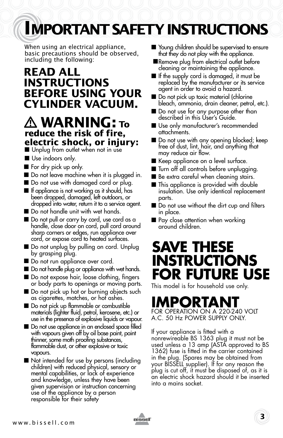 Mportant safety instructions, Warning, Save these instructions for future use | Important | Bissell 42H5 User Manual | Page 3 / 16