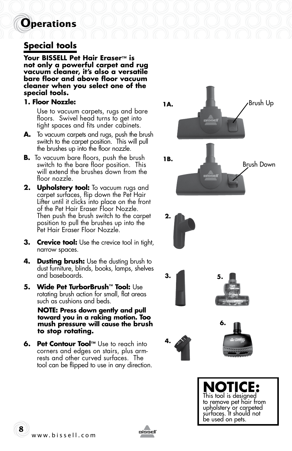 Notice, Perations, Special tools | Bissell 42H5 User Manual | Page 8 / 16