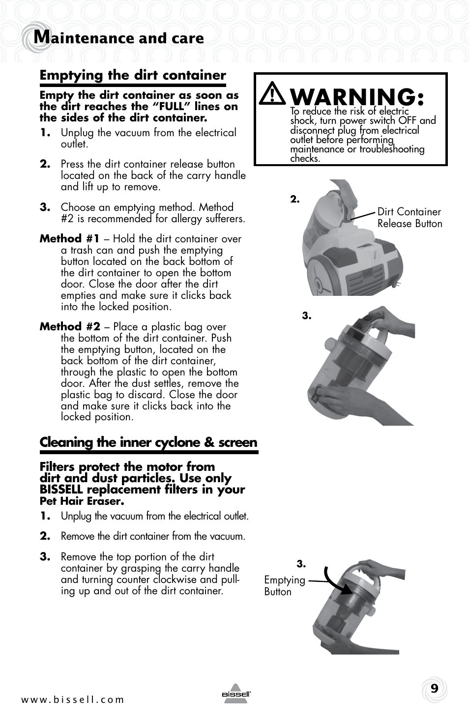 Warning, Aintenance and care, Emptying the dirt container | Cleaning the inner cyclone & screen | Bissell 42H5 User Manual | Page 9 / 16